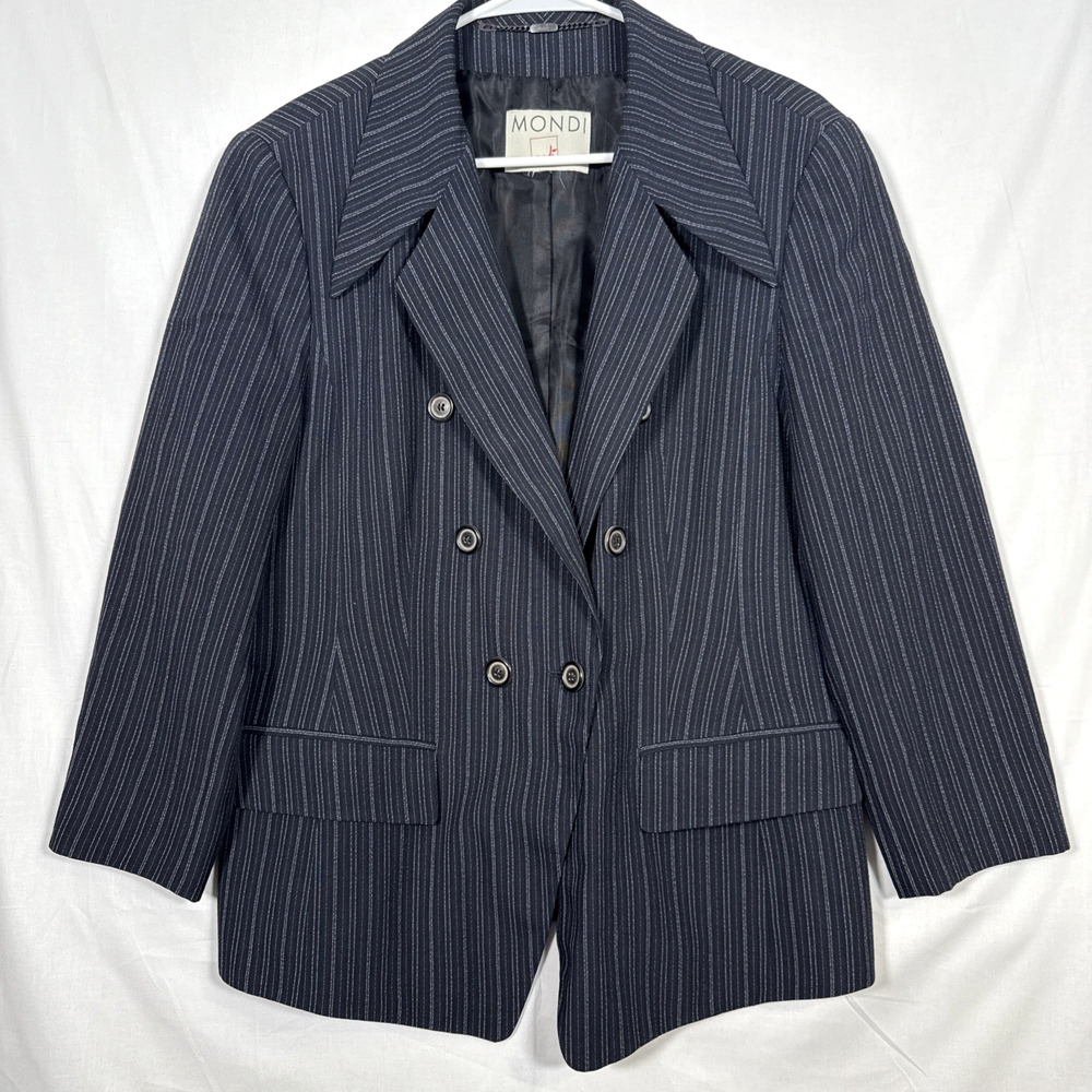 Vintage Mondi Pin Striped Lined Wool Blazer‎ Women's Navy White Size-Description